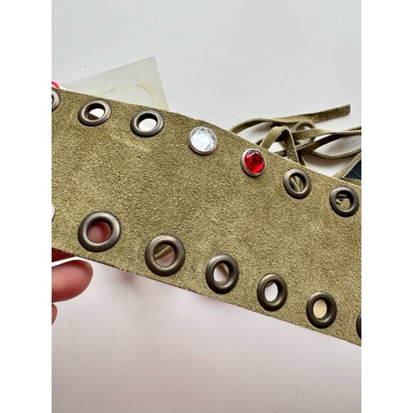 NWT MISS SIXTY 00s Y2K Ellie Green Suede Grommet Crystal Studded Fringe Belt - Picture 6 of 11